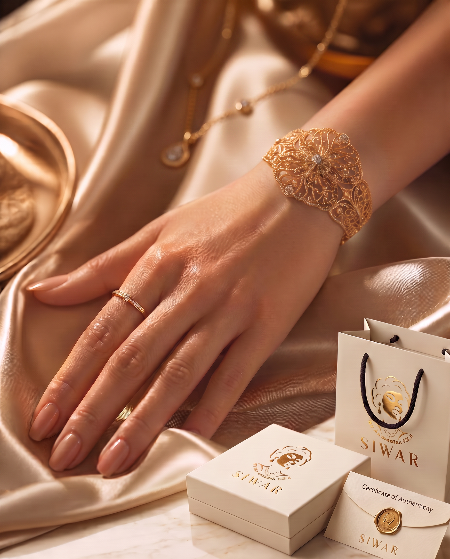 SIWAR 21-karat UAE gold jewelry presented with signature ivory box, shopping bag and certificate of authenticity