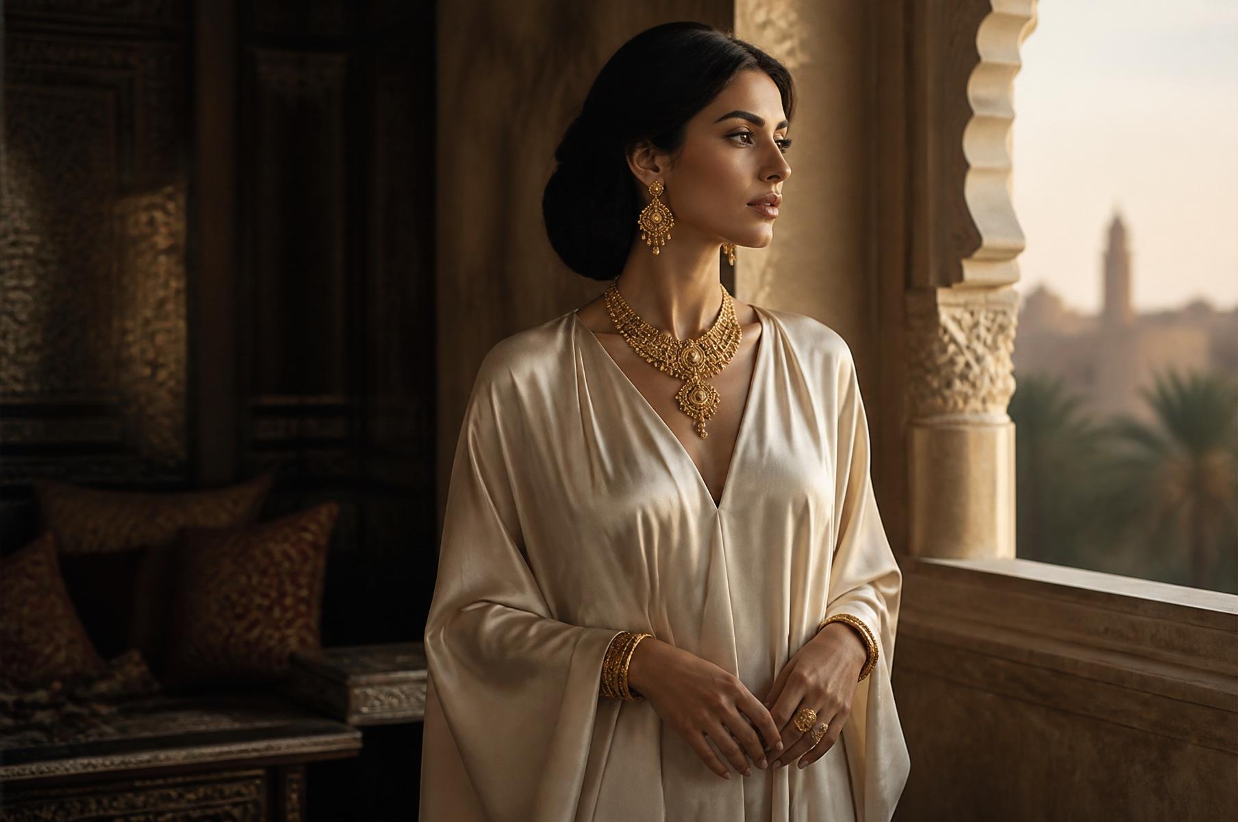 Woman in cream silk gown wearing SIWAR gold jewelry